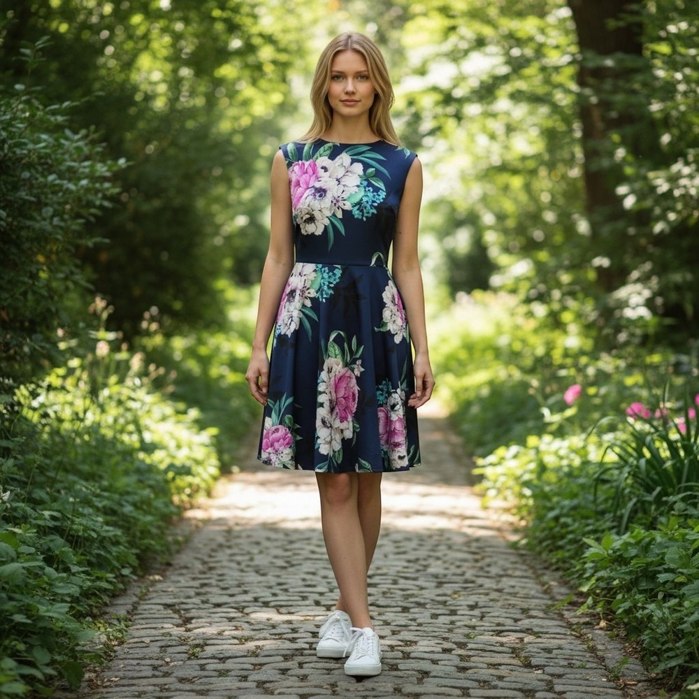 Eliza J Navy Floral Fit & Flare Scuba Dress Sleeveless Wedding Guest 2 EJ6M2117